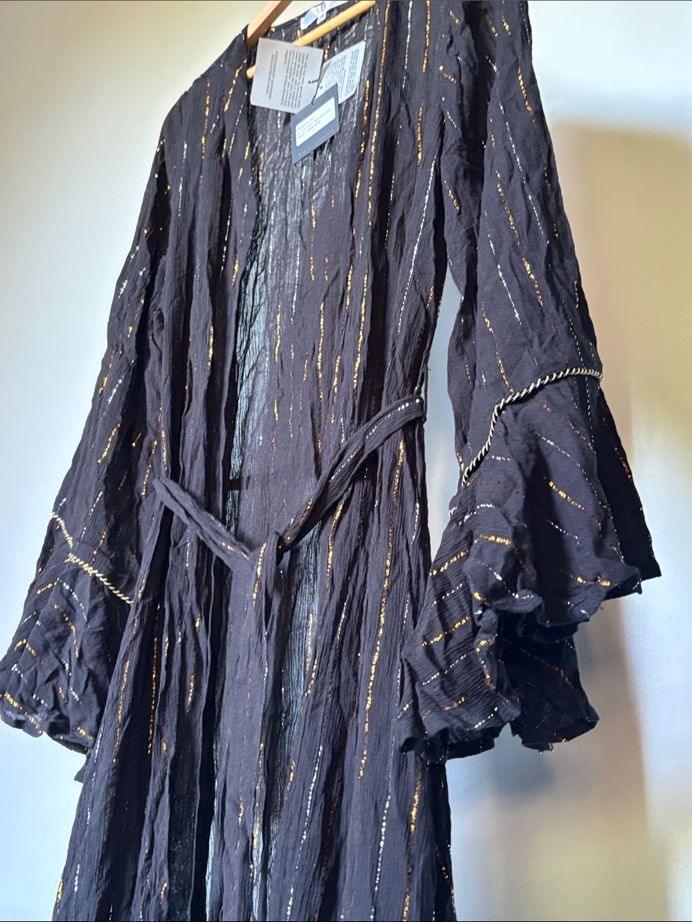 America & Beyond Dark Angel Black Kimono Silver Gold Lurex Stripe - Picture 6 of 7